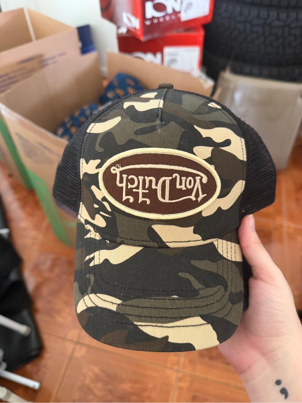 Von Dutch Camo Trucker Hat in Green and Tan